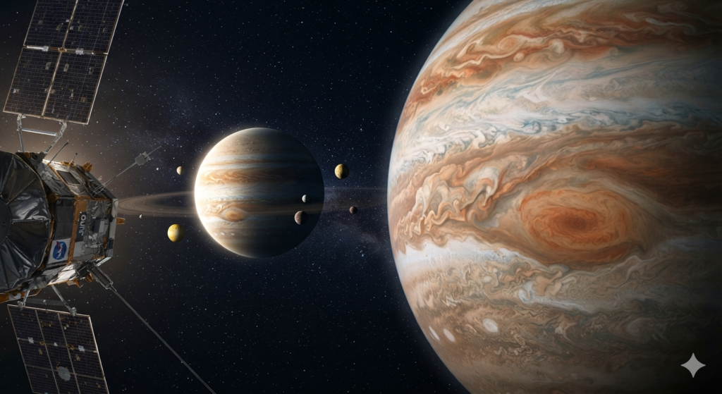 Fotos de Júpiter tiradas por uma espaçonave da NASA, tanto de perto quanto de longe.