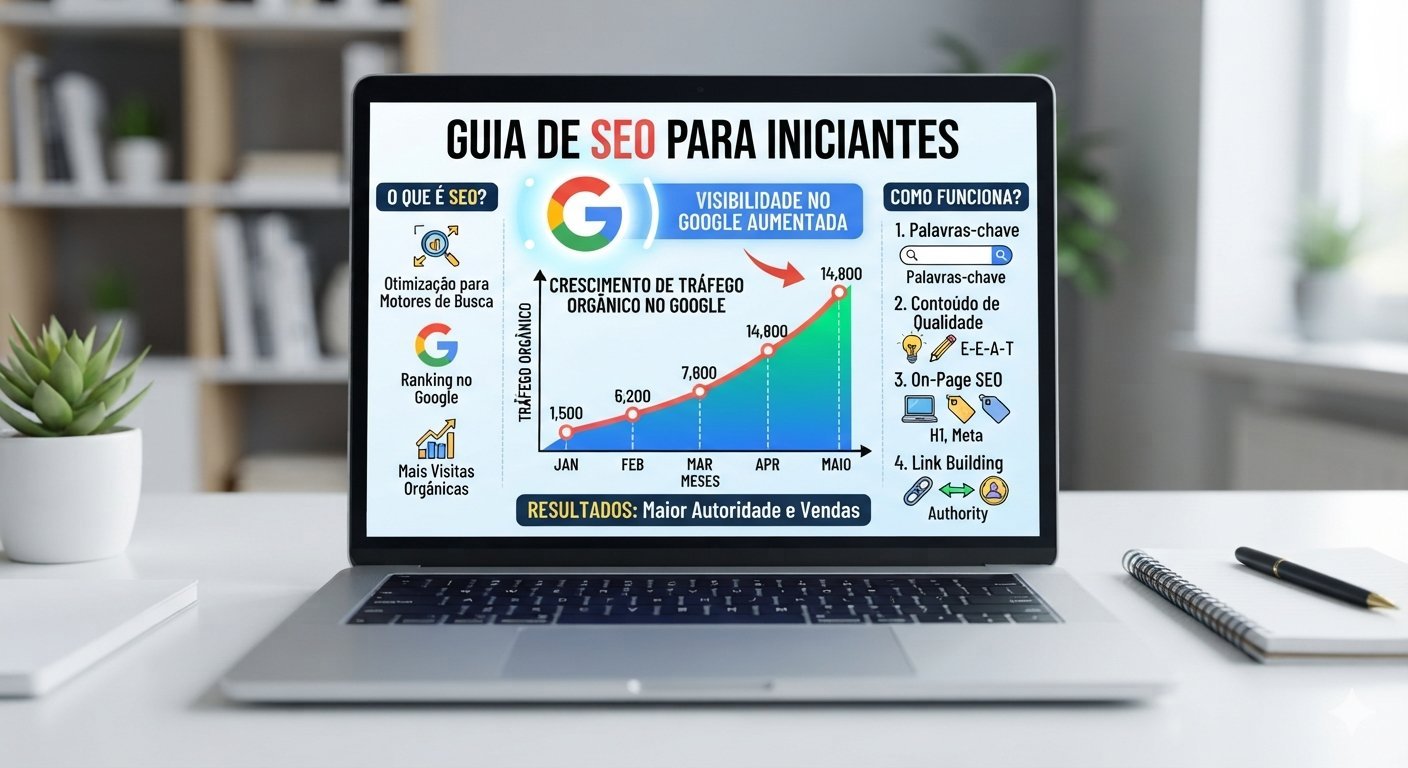 Infográfico explicativo sobre SEO para iniciantes mostrando um notebook com gráficos de crescimento de tráfego orgânico no Google.