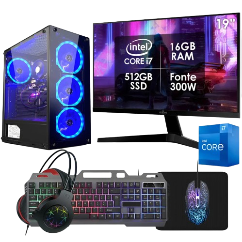 Computador Gamer Intel Core i7 16GB RAM SSD 512GB com monitor de 19 polegadas